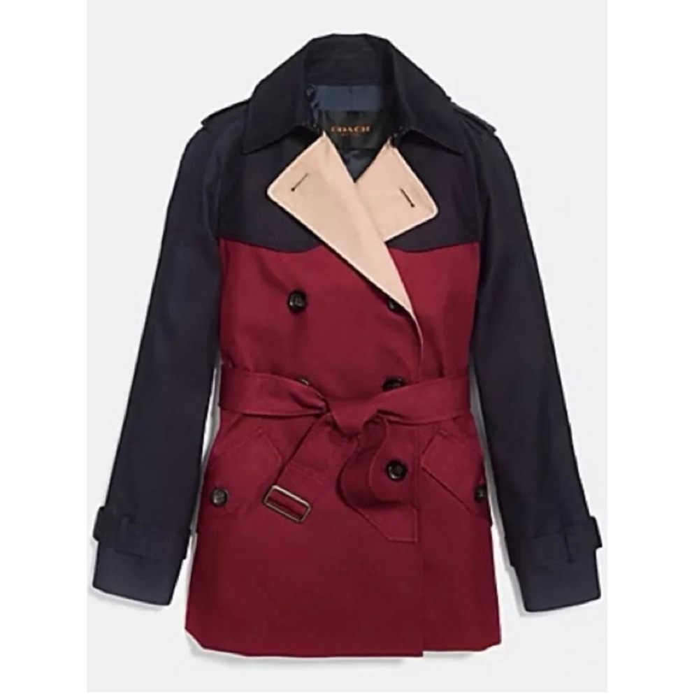 Coach Womens Colorblock Trench Coat Navy Burgundy Red Tan $450 Belted Jacket‎ XS